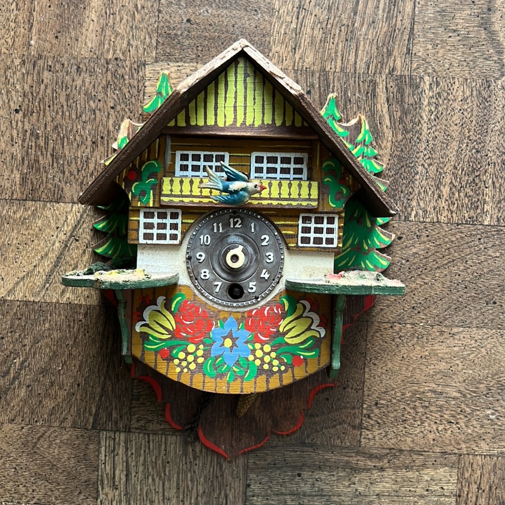Vintage Small Cuckoo Clock from Germany Wood Clock Hand Painted - Needs Repair
